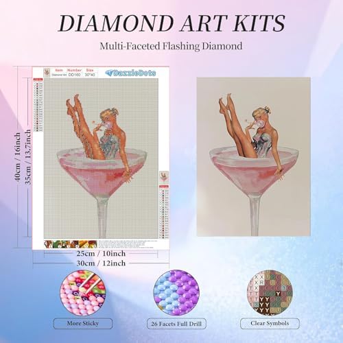 Pink Cocktail Diamond Art Kits for Adults Round Diamond Painting12x16 Inch