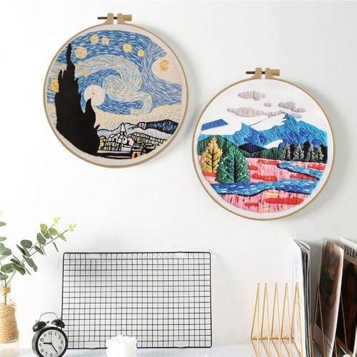 Esffaci Embroidery Starter Kit for Adult Beginner with Mountain Landscape Tree Flower Scenery Pattern Hand Embroidery Set with Embroidery Cloth Floss Hoop Needle Threader and Instruction