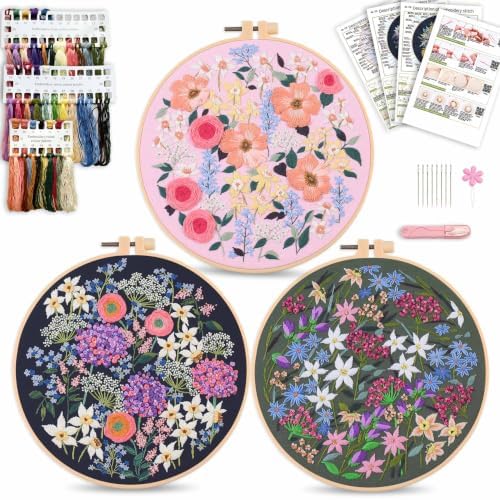 Harimau Beginner Adult Embroidery Kit, All-in-One Starter Pack with 3 Patterns, 3 Hoops, Scissors, Needles, Instruction Manual & Stitching Video Guides