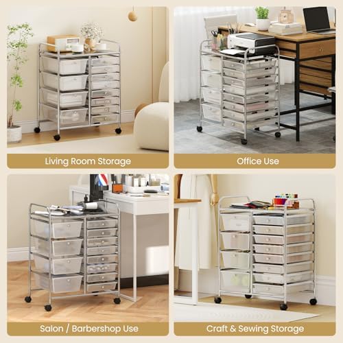 LDAILY 12 Drawer Rolling Storage Cart, Rolling Cart with Drawers for Classroom, Art Supply Craft Organizer on Wheel with Metal Frame & Handles for Home Office School (Clear, 12 Drawer Left-Right)