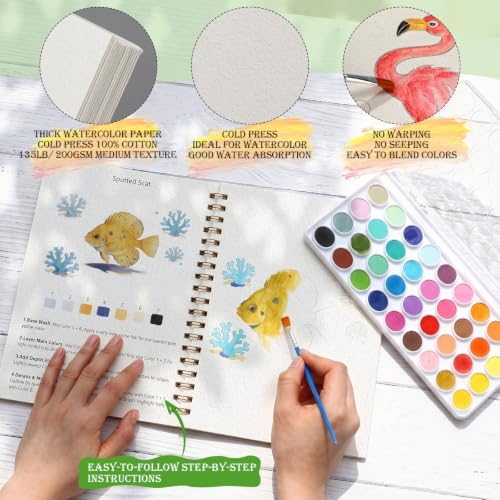 Landhoow 3 Pcs Watercolor Workbooks for Beginner with 36color Paint Brush