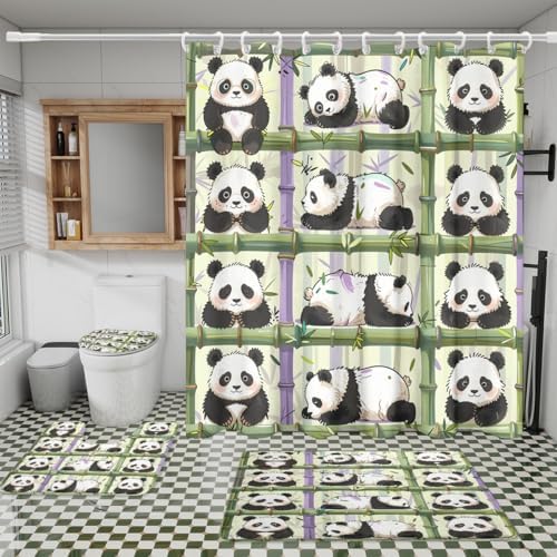 Funny Cartoon Baby Panda 4 Piece Shower Curtain Sets,Abstract Cute Panda Bears Non-Slip Rugs,Toilet Lid Cover and Bath Mat,Spring Forest Japanese Bamboo Print Bathroom Decor Set