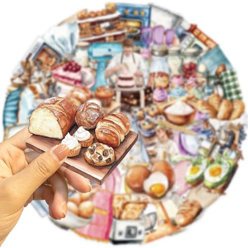 50 Pcs PET Transparent Baking Stickers, Waterproof Vinyl Bakery-Themed Decals for Laptop Skateboard Luggage, Watercolor Baking Supplies Stickers Gift for Kids Teens Adults(Baking)