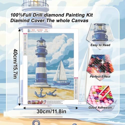 VeGuude Diamond Art Kits for Adults, Beach and Lighthouse 5D Diamond Art Kits for Beginner DIY Full Drill Diamond Dots Crystal Craft Kits for Home Wall Decor Gifts, (12x16 inch)