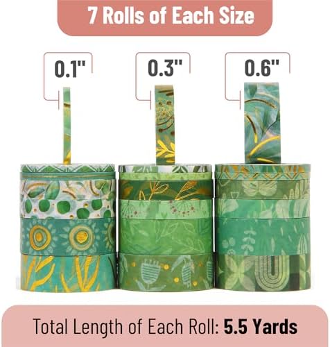 Mr. Pen- Washi Tape Set, 21 Rolls, Assorted Sizes, 5.5 Yards/Roll | Washi Tape for Scrapbook, Arts, Crafts, Journals and Planners, Greenery Summer Design