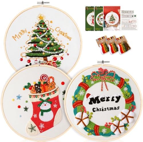 wtisan Christmas Embroidery Kit, Cross Stitch Kits for Beginners, Needlepoint with All Tools & Instructions, Stamped Hand Embroidery Starter Kit for Holiday Crafts & Xmas Home Decor, W10