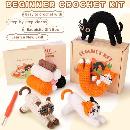 Crochet Kit for Beginners - 4 PCs Cat Crochet Kits with Step-by-Step Video Tutorials, Beginner Crochet Kit for Adults Kids, Learn to Crochet Animal Kit, Creative Crochet Gift for Cat Lovers