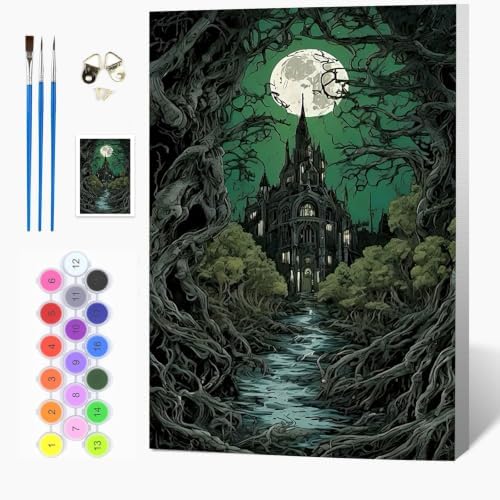 Auremi Halloween Framed Paint by Number for Adults,DIY Gothic Painting by Number Kits on Canvas Acrylic Oil Painting Kits for Adults Paint by Number Kits for Home Decor 20x30cm