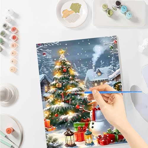 SENQAO Christmas Paint by Numbers for Adults Framed, Snowman Christmas Tree Adults' Paint-by-Number Kits, Adult Paint by Number Kits on Canvas,Acrylic Number Painting for Home Decor, 8x12in