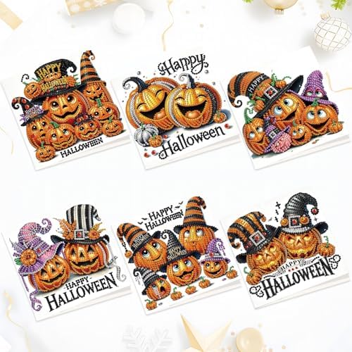 antor 6 Pack Halloween Pumpkin Diamond Painting Card Kits, DIY 5D Rhinestone Halloween Diamond Art Greeting Cards with Envelopes, Handmade Pumpkin Diamond Art Craft Kits for Adults Beginners