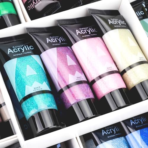 AUREUO Galaxy Glitter Acrylic Paint Set - 8 Twinkle Iridescent Colors 0.71 Fl Oz / 21ml Tubes Sparkling Art Paints for Holiday Crafts Decor Non Toxic Art Supplies for DIY Projects, Gifts for Artists