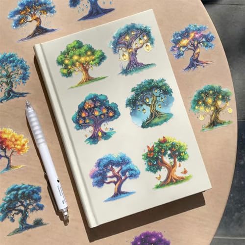 50pcs Fantasy Magic Tree Stickers Pack – Clear Waterproof Scrapbook Decals for Journaling, Diary, Collage, Laptop, Water Bottle, Planner, Aesthetic Nature Forest Tree of Life Sticker
