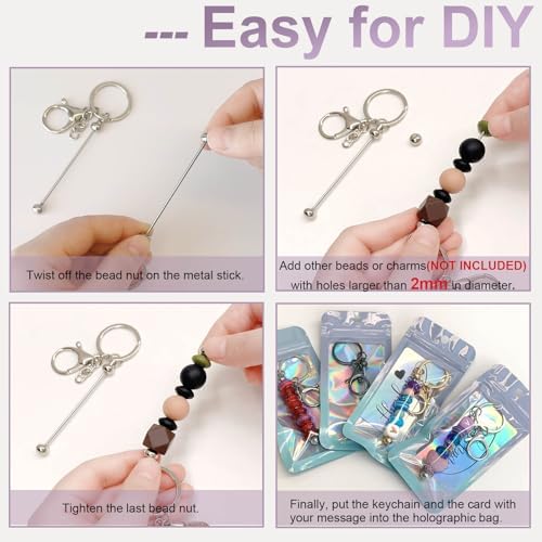 42/84/126 Pcs Beadable Keychain Bars Bulk Blank DIY Beaded Keychain Making Supplies with Bag Thank You Card