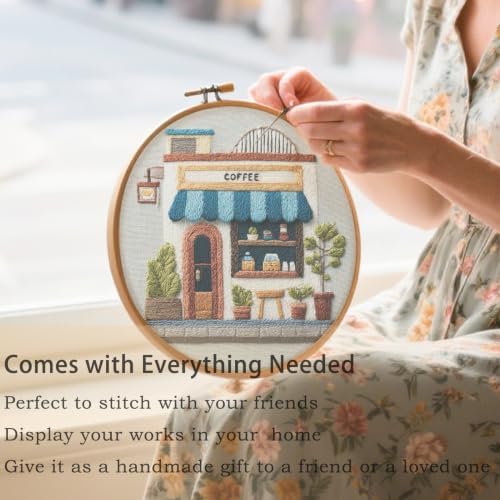 FONNUY Coffee Shop Embroidery Kit, Vintage Cafe Pre-Stamped Pattern Kits Handmade DIY Embroidery Set Suitable for Both Adults and Beginners Color Thread Needlework, 8'' Hoop (Blue)