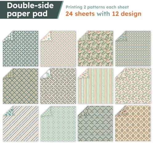 12in Spring Scrapbook Paper Pad,24 Sheets Retro Pattern Aesthetics Double Sided Print Floral DIY Crafts Collage for Cardstock Photo Album Journals Folded Gift Wrapping Material