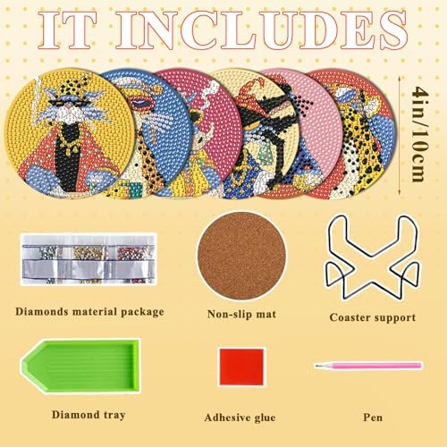 DOTSOPS 6 Pack Cat Diamond Painting Coasters Kits with Holder for Beginners