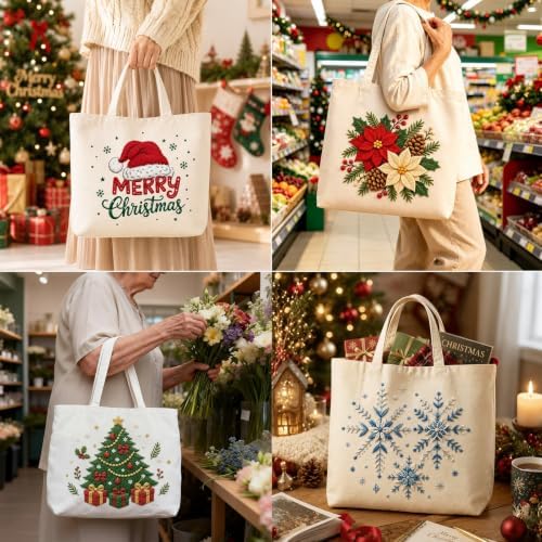 ARTopet Embroidery Tote Bag Kit for Beginners Christmas Canvas Cross Stitch Handbag with Hoops Needles Threads Reusable Grocery Bag for Women-Christmas Tree