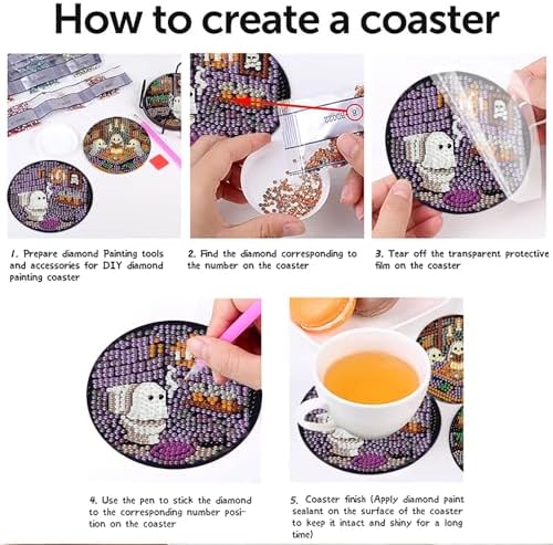 8 Pcs Ghost Diamond Art Coasters Kits for Adults,DIY Halloween Diamond Painting Coaster Kits with Holder,Crystal Full Drill Rhinestone Diamonds Art Diamond Paintings Kit Supplies