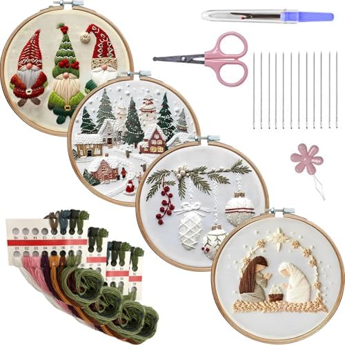 LB Christmas Embroidery Kit for Beginners: 4-Piece Cross Stitch Set with Green Plant, White Snowflake & Gnomes | Adults DIY Starter Kit Includes Hoop, Threads and Tools