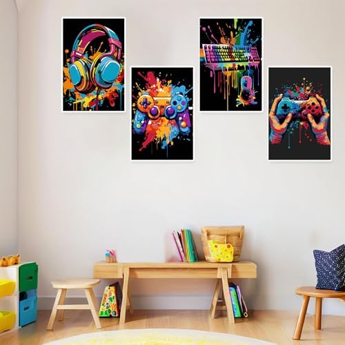 bleihum 4 Pack Paint by Numbers Kit for Kids with Frame Wooden Easel Game | Video Game Paint by Number Canvas, Controller Painting by Numbers Gifts for Gamers Teen Boys Room Decor 8x12 Inch