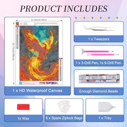 Diamond Art Kits for Adults, Phoenix Diamond Painting Kit, 12 x 16 Inch