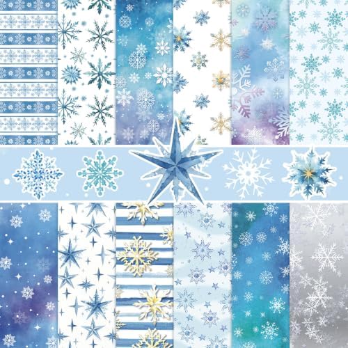 Konsait 24 sheets Winter Scrapbook Paper 12x12, Double Sided Blue Snowflake Patterned Paper Christmas Cardstock Snowflake Winter Origami Papers for DIY Crafts Card Making Scrapbook Supplies