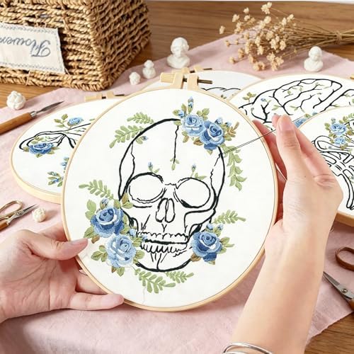 Kuabiz 5 Sets Skull Embroidery Kits for Beginners Anatomy Cross Stitch Kit for Adults Organ Embroidery Starter Kit Embroiderys Hoop Needlepoint Kits with Instruction Needles Threads for Doctors Gifts