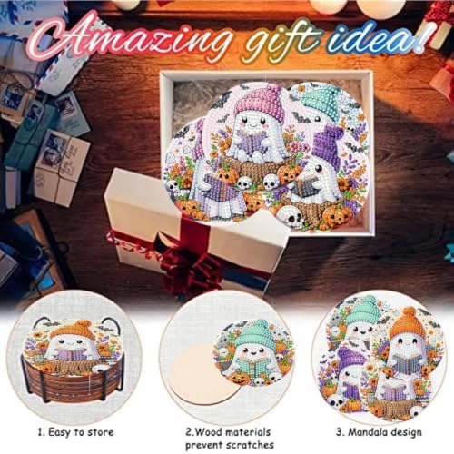 8 Pack Diamond Art Coasters ,Halloween Ghost Diamond Painting Coasters Kits