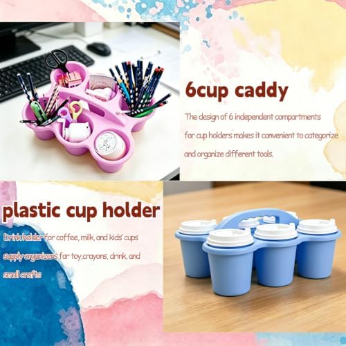 6 Pack Classroom Caddy Organizer with Handle Macaron Plastic Table Caddy 6 Compartments Storage Cup Holder for School Supplies Art Crafts Crayons Pencil Stackable Desk Caddy for Office Home