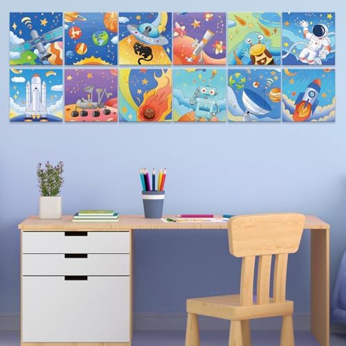 Anseal 12 Packs Pre Drawn Canvas to Paint, 4" X 4" Space Pre-Printed Canvas Paint Party, Stretched Outline Painting Boards for Beginners, Party Favor