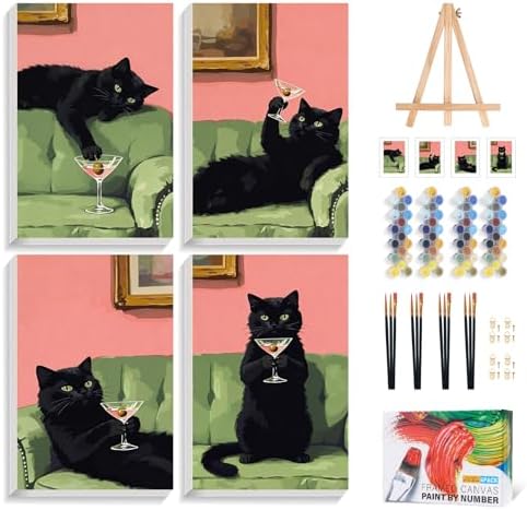 4 Pack Paint by Numbers Kit for Adults with Frame, Black Cat Painting Kit