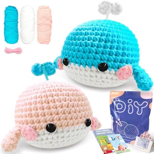 YAMAXIN Whale Crochet Kit for Beginners, Whale Marine Animal Easy Learn to Starter Amigurumi Knitting Kit and Yarn Craft Kits for Adults DIY with Step-by-Step Video Tutorials