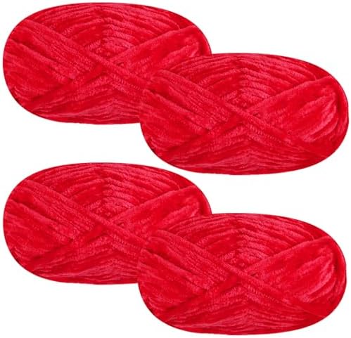 4 PCS 400g Soft Chenille Velvet Yarn for Crocheting,Fluffy Warm Yarn for Knitting and Crochet DIY Craft Blanket Bag Hat Scarve Clothe Gloves Slippers Doll (Red)