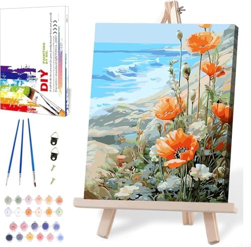 Paint by Numbers for Adults Beginner Flowers,Paint Number Kits Poppies and Daisies Adult,Paint by Number Sea View Adult Paint by Number Kits DIY Oil Painting Kits Gift, 12 x16 Inch（Include Framed）