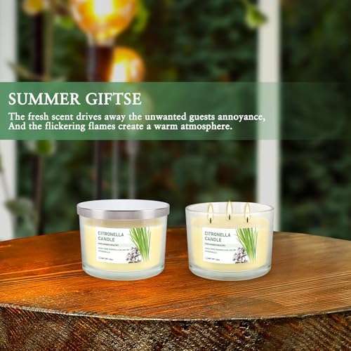 Citronella Candle Outdoor 2-Pack - 14oz Each 3-Wick Candles in Clear Glass Jars, Made with Citronella Oil & Soy Wax for Patio, Camping, Backyard, Emergency & Outdoor Ambiance.