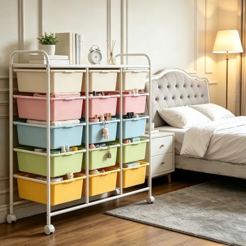 15-Drawer Rolling Storage Cart with Wheels, Multi-Color Plastic Drawer Cart | Mobile Organizer Cart, Utility Storage Trolley for Office, Living Room, Craft Room, Bathroom, and Home Organization