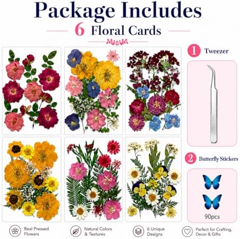 180 pcs Dried Flowers for Resin, Natural Flowers and Leaves Kit with Butterfly Stickers， Vacuum Sealed DIY Pressed Flowers for Jewelry Molds, Candle Soap Making, Scrapbook, Nail Art (Colorful-E)