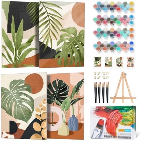 4 Pack Framed Paint by Numbers Kit for Adults with Wooden Easel, Plant | With Frame, Botanical DIY Acrylic Painting, For Adults Beginner, Stress Relief Craft Kits, Home Wall Decor Gift, 8x12 IN