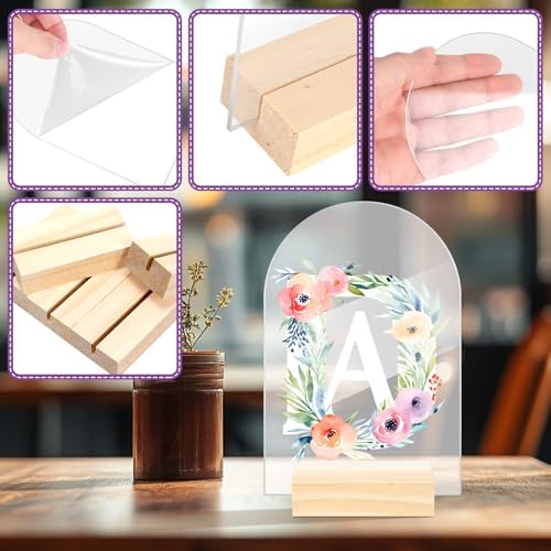 Bercoor 5 Pack 4x6 Inch Blank Clear Arch Acrylic Sign with Wooden Stands, Arched Round Top Acrylic Sheet, DIY Acrylic Arch Table Numbers for DIY Name Card Gifts Event Party Sign Decoration