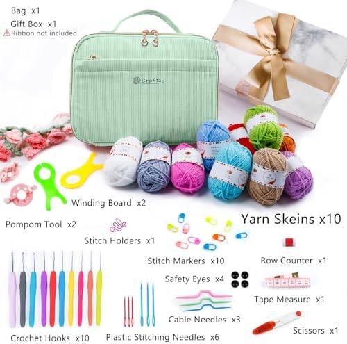 MYBAGZING Crochet Kit for Beginners with Yarn Storage Bag, 10pcs Crochet Hooks 2.0-6.0 mm, 10 Skeins Yarn for Crocheting, Knitting Accessories, 58pc Crochet Starter Kit for Adults