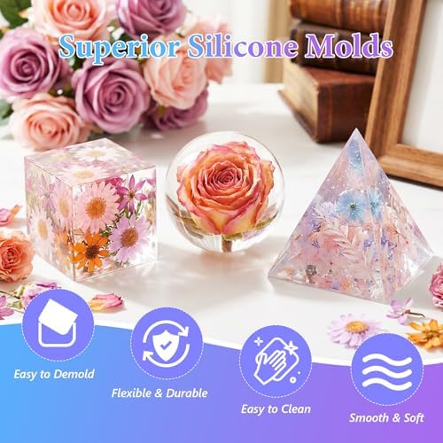 KISREL Resin Molds Kit 12PCS, Epoxy Resin Silicone Molds, Resin Mold Including Cube, Pen Container, Pyramid, Tray, Love, Round, Square, Ball, Flowerpot, Cuboid, Crystal