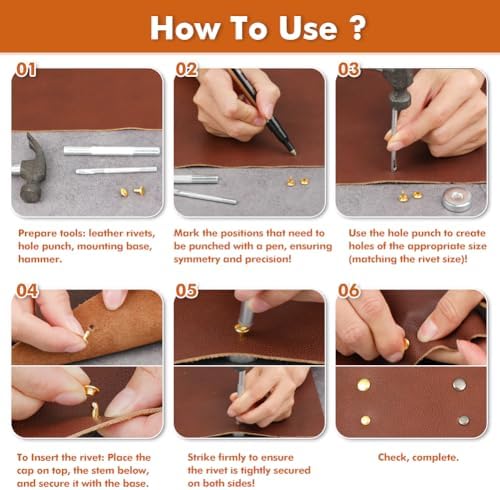 Selizo 480 Sets Small Double Cap Leather Rivets 4 Colors 3 Sizes (Cap Diameter: 6mm/8mm/8mm) Tubular Metal Studs with 3 Pieces Setting Tool Kit for Leather Craft Repairs Decoration