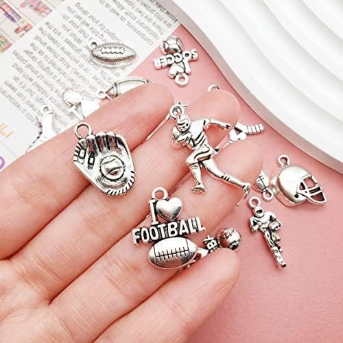 100pcs Antique Silver Sport Charms for Jewelry Making Alloy Football Baseball Softball Soccer Charms for DIY Crafts (SN272)