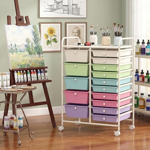 GOFLAME 15-Drawer Rolling Storage Cart, Craft Storage Cart with Removable Drawers & Lockable Wheels, Art Cart Supply Storage Organizer for Home Office Classroom, Ice Cream