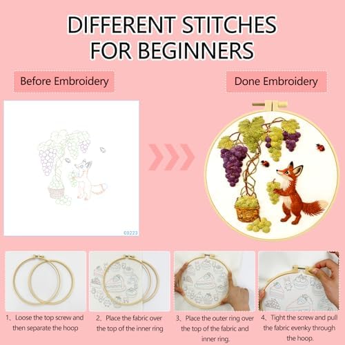 Zhenqing Fox Embroidery Kit for Beginners, Cute Woodland Animal Needlework Craft with Pre-Printed Cotton Fabric, Hoop, Threads & Tools, Garden Decor (C0223)