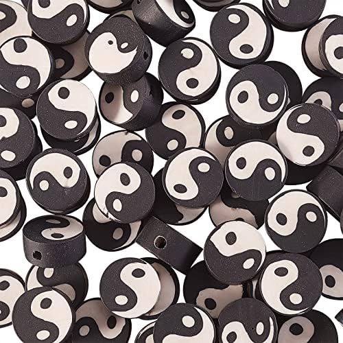 Airssory 100 Pcs Black and White Manmade Polymer Clay Soft Beads Flat Round with Taiji Ying Yang Sign Loose Bead Spacer for Lucky Jewelry Making