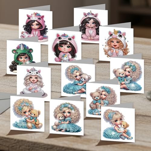C'eitura 12Pcs Cartoon Girl Diamond Art Painting Greeting Card Kit with Envelopes, DIY Cute Theme Christmas Birthday Thanksgiving Card Making Set, Cute Style Handmade Card Craft