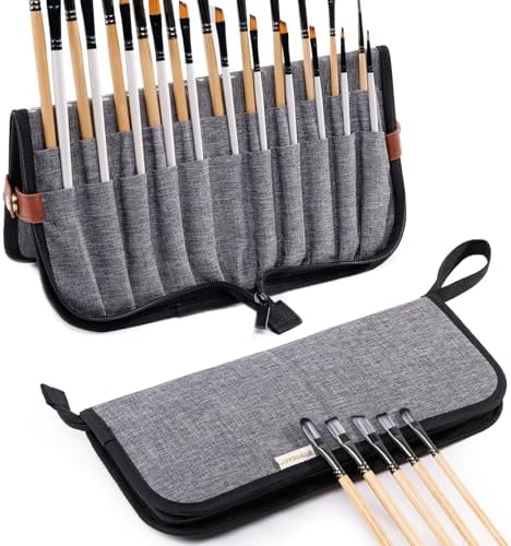 Paint Brush Holder Case for Artists with 22 Slots, Brush Organizer with Pop-Up Stand, Travel Paintbrush Storage Bag for Acrylic Oil Watercolor, Zippered Art Brush Cover (Brushes Not Included)