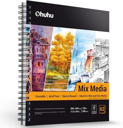 Ohuhu 8.8x11.6 Mix Media Pad Art Sketchbook 62 Sheets for Painting Drawing | Large Sketch Book - 120 LB/200 GSM Heavyweight Paper - Spiral-Bound Mixed Media Paper for Watercolor Acrylic Christmas Gift