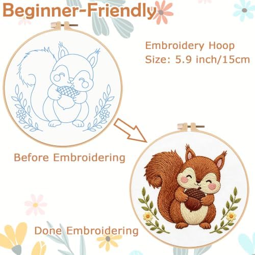 Nuberlic Embroidery Kit for Beginners Stamped Squirrel Needlepoint
